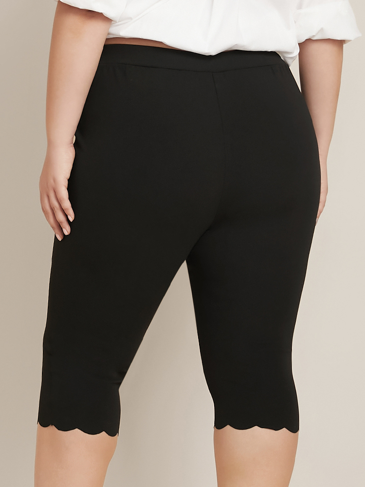 Plus Size Solid Scalloped Trim Elastic Waist Skinny Leggings Women Black Elegant Low stretch Skinny High Rise Everyday Leggings BloomChic 10/M 