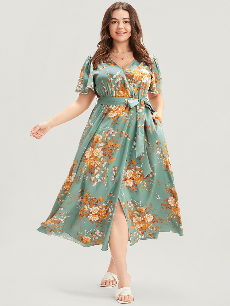 

Plus Size Floral Print Surplice Neck Ruffles Pocket Belted Split Hem Dress Turquoise Women Elegant Cross straps V-neck Short sleeve Curvy Midi Dress BloomChic