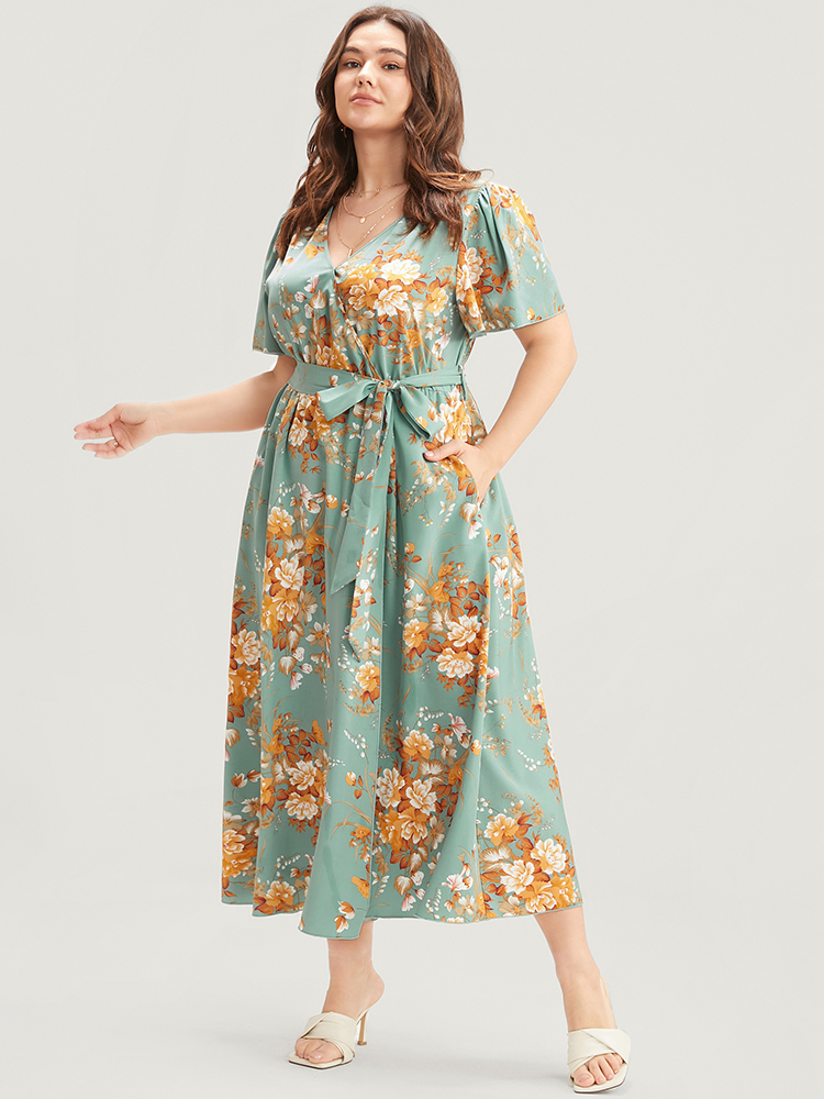 

Plus Size Floral Print Surplice Neck Ruffles Pocket Belted Split Hem Dress Turquoise Women Elegant Cross straps V-neck Short sleeve Curvy Midi Dress BloomChic