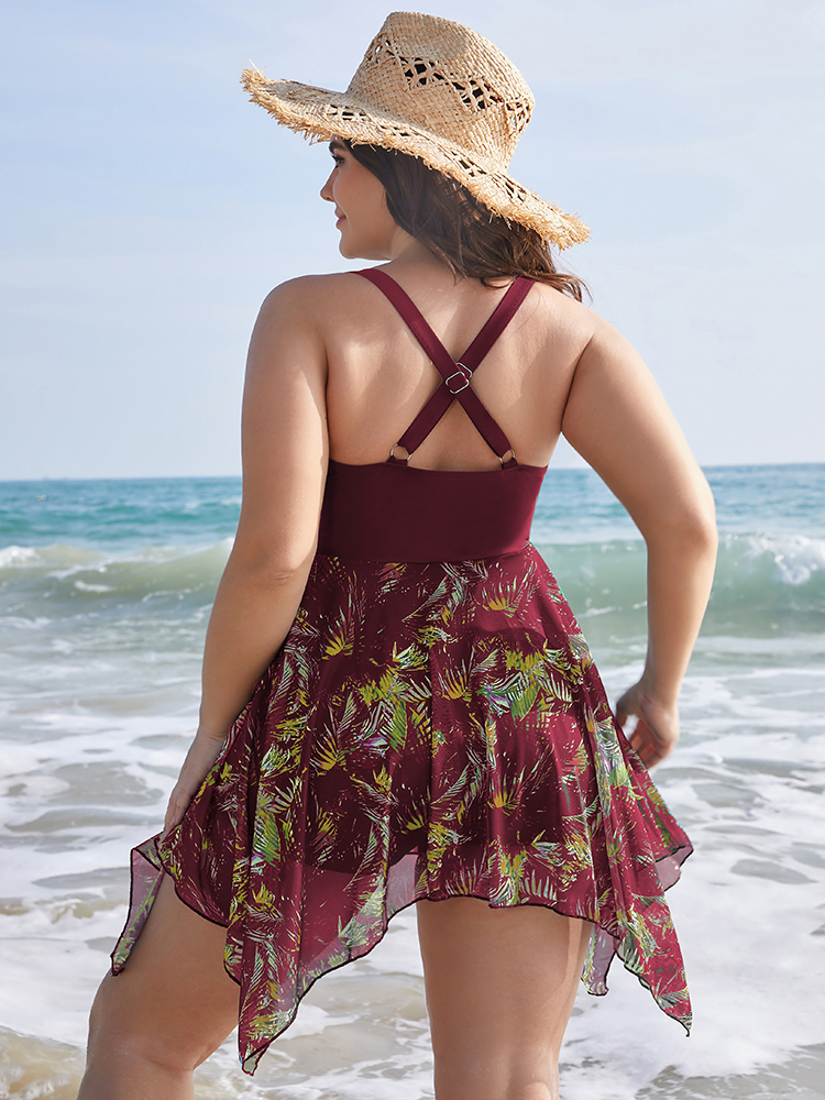 

Mesh Adjustable Straps Plus Size Women Tropical Swim Dress Very Stretchy Bodycon Sleeveless V Neck Vacation Swim Dresses BloomChic, Burgundy