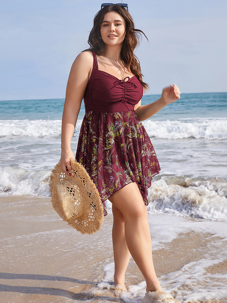 Mesh Adjustable Straps Plus Size Women Tropical Swim Dress Very Stretchy Bodycon Sleeveless V Neck Vacation Swim Dresses BloomChic 