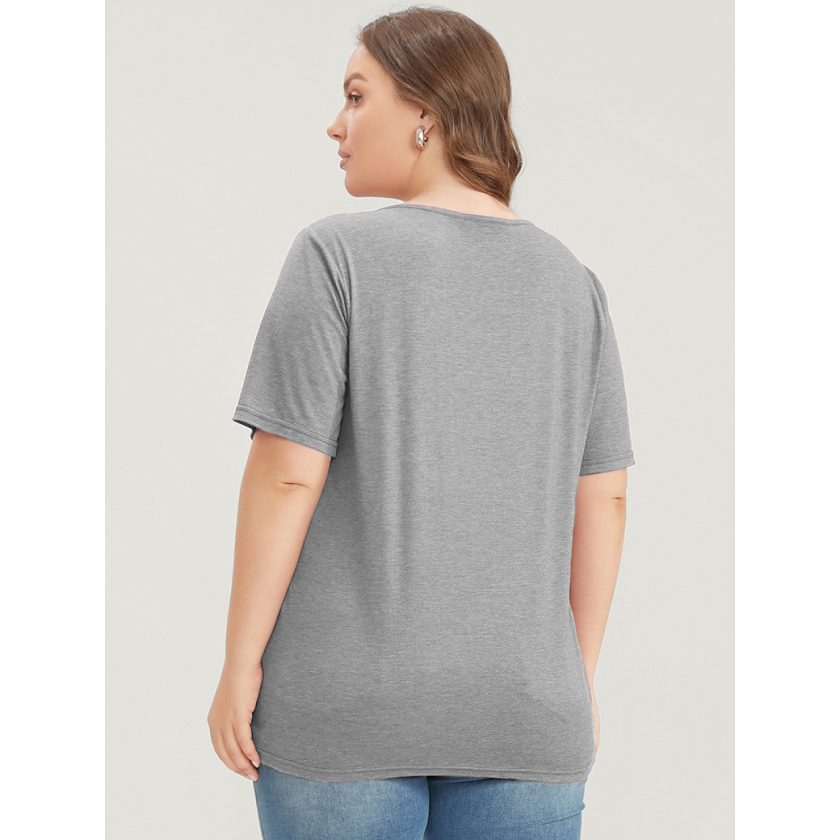 

Plus Size Solid Pleated Front Button Detail V Neck T-shirt Gray Women Casual Button Plain V-neck Everyday T-shirts BloomChic