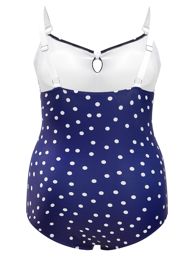 Plus Size Polka Dot Keyhole Knotted Front One Piece Swimsuit Women`s Swimwear Indigo Vacation Adjustable Straps Curve Bathing Suits High stretch One Pieces BloomChic 12/L 