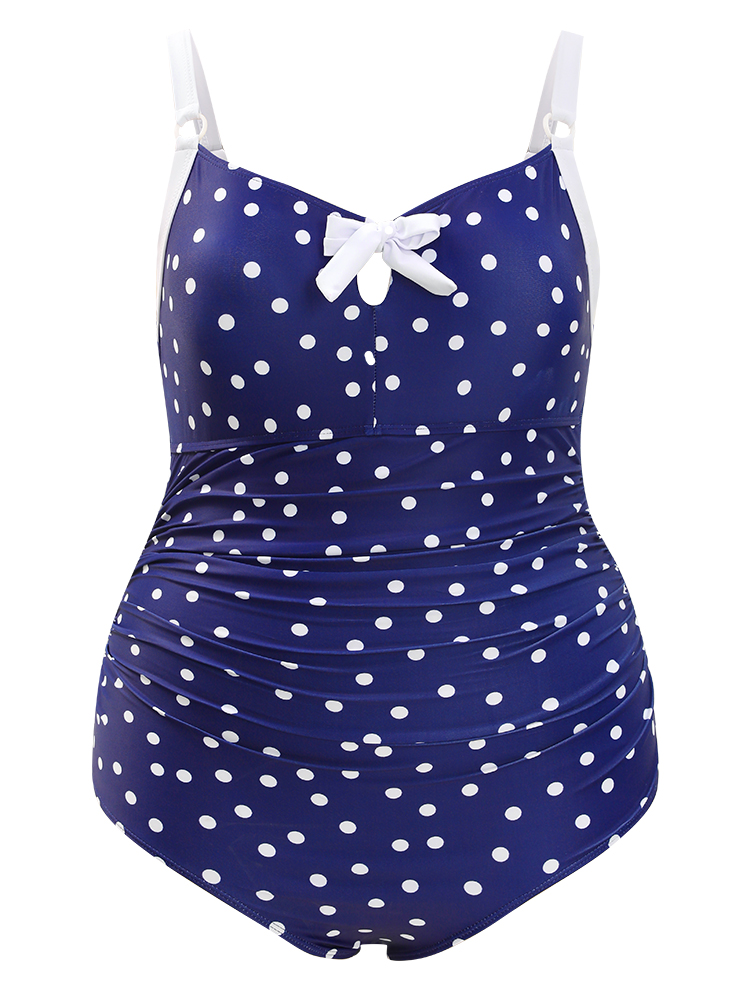 Plus Size Polka Dot Keyhole Knotted Front One Piece Swimsuit Women`s Swimwear Indigo Vacation Adjustable Straps Curve Bathing Suits High stretch One Pieces BloomChic 12/L 