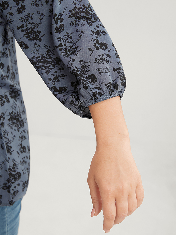 Plus Size Stone Floral Print Lantern Sleeve Tie V Neck Blouse Women Elegant Elbow-length sleeve V-neck Dailywear Blouses BloomChic 10/M 