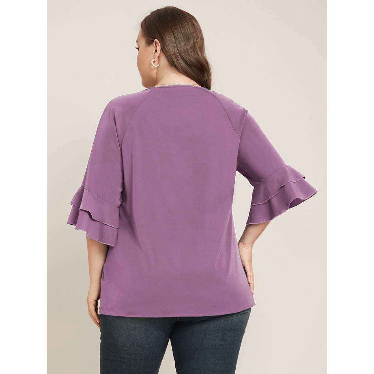 

Plus Size Mauve Plain Ruffle Tiered Round Neck Blouse Women Work From Home Elbow-length sleeve Round Neck Work Blouses BloomChic