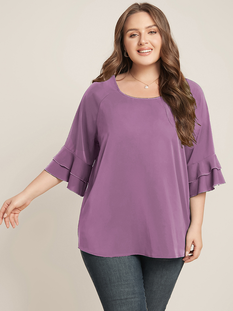 

Plus Size Mauve Plain Ruffle Tiered Round Neck Blouse Women Work From Home Elbow-length sleeve Round Neck Work Blouses BloomChic