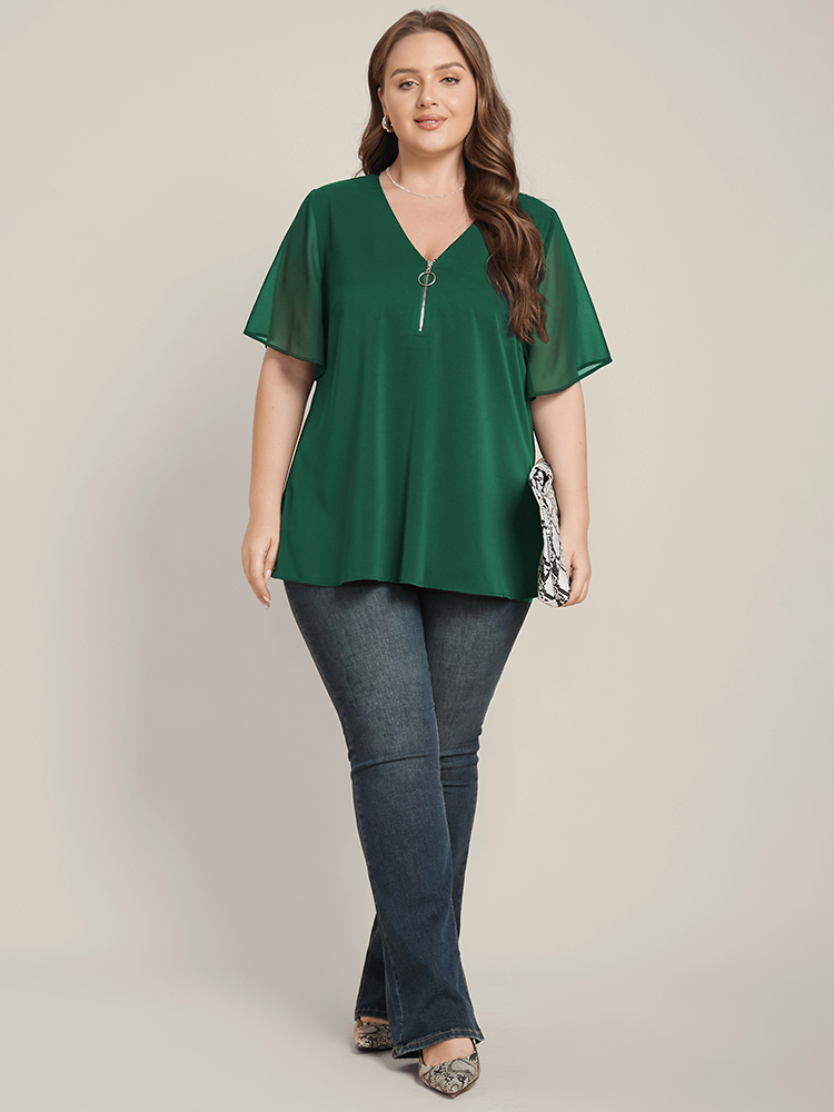 

Plus Size ArmyGreen Solid O Ring Zipper Mesh Ruffle Sleeve V Neck Blouse Women Office Short sleeve V-neck Work Blouses BloomChic