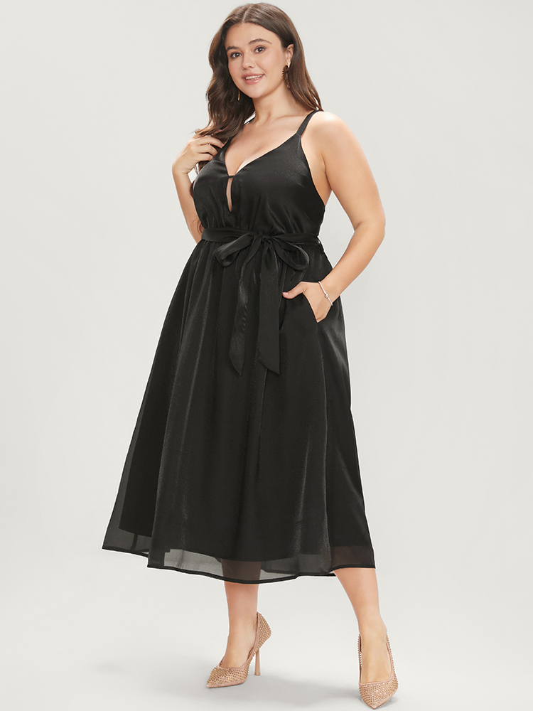 

Sleeveless Plus Size Women Elegant Plain Midi Dress Belted Sleeveless Spaghetti Strap Pocket Belt Party Dresses BloomChic, Black