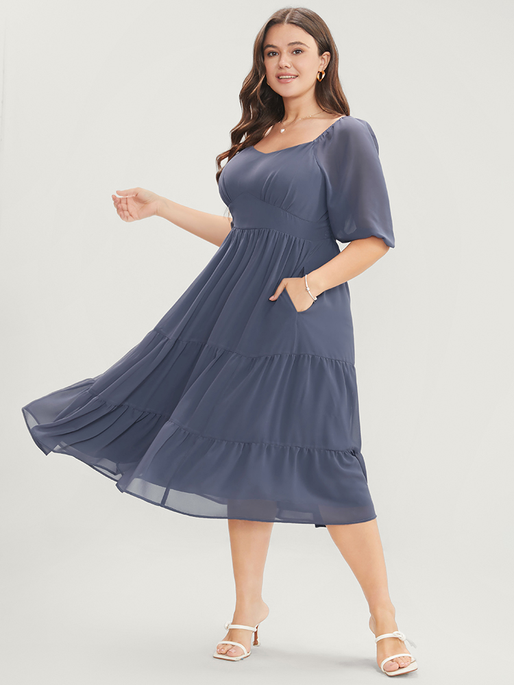 

Plus Size Solid Pocket Mesh Lantern Sleeve Shirred Back Ruffles Tiered Dress Stone Women Elegant Gathered V-neck Half Sleeve Curvy Midi Dress BloomChic