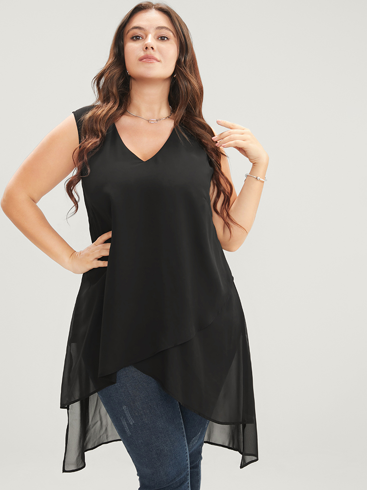 

Plus Size Solid V Neck Sleeveless Asymmetrical Hem Tank Top Women Black Office Plain V-neck Work Tank Tops Camis BloomChic