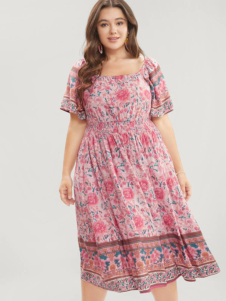 

Plus Size Bandana Print Square Neck Pocket Ruffles Shirred Dress Pink Women Vacation Pocket Square Neck Short sleeve Curvy Knee Dress BloomChic