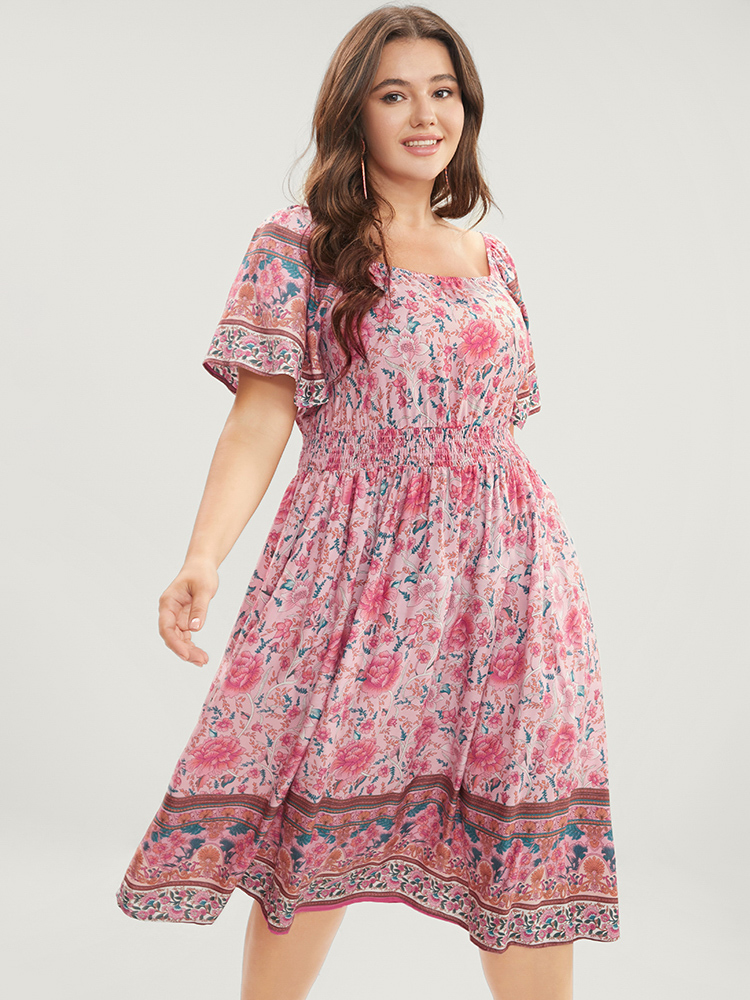 

Plus Size Bandana Print Square Neck Pocket Ruffles Shirred Dress Pink Women Vacation Pocket Square Neck Short sleeve Curvy Knee Dress BloomChic