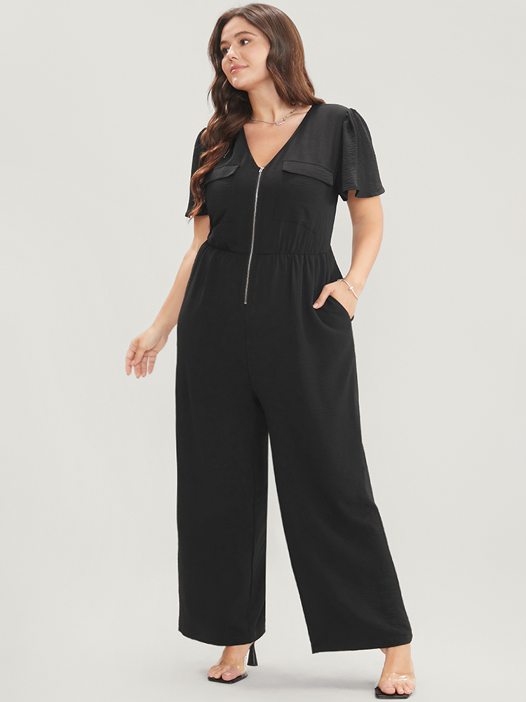 

Plus Size Black Solid Zip Up Pocket Ruffle Sleeve Jumpsuit Women Office Short sleeve V-neck Work Loose Jumpsuits BloomChic