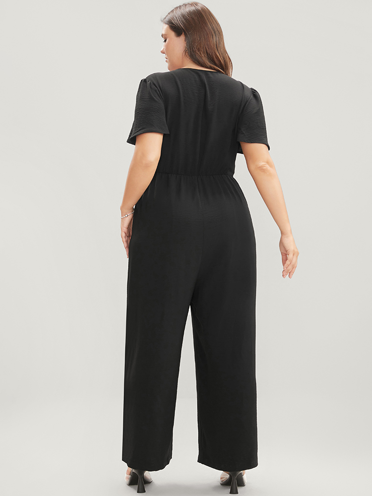 Plus Size Black Solid Zip Up Pocket Ruffle Sleeve Jumpsuit Women Office Short sleeve V-neck Work Loose Jumpsuits BloomChic 10/M 