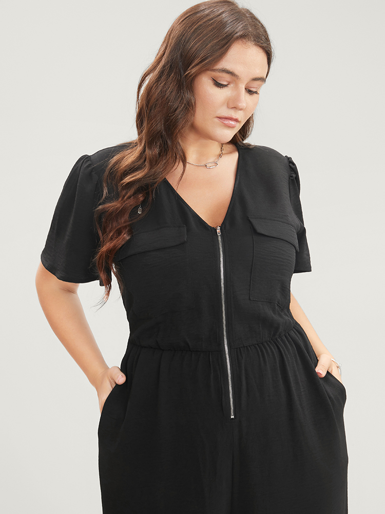 Plus Size Black Solid Zip Up Pocket Ruffle Sleeve Jumpsuit Women Office Short sleeve V-neck Work Loose Jumpsuits BloomChic 10/M 
