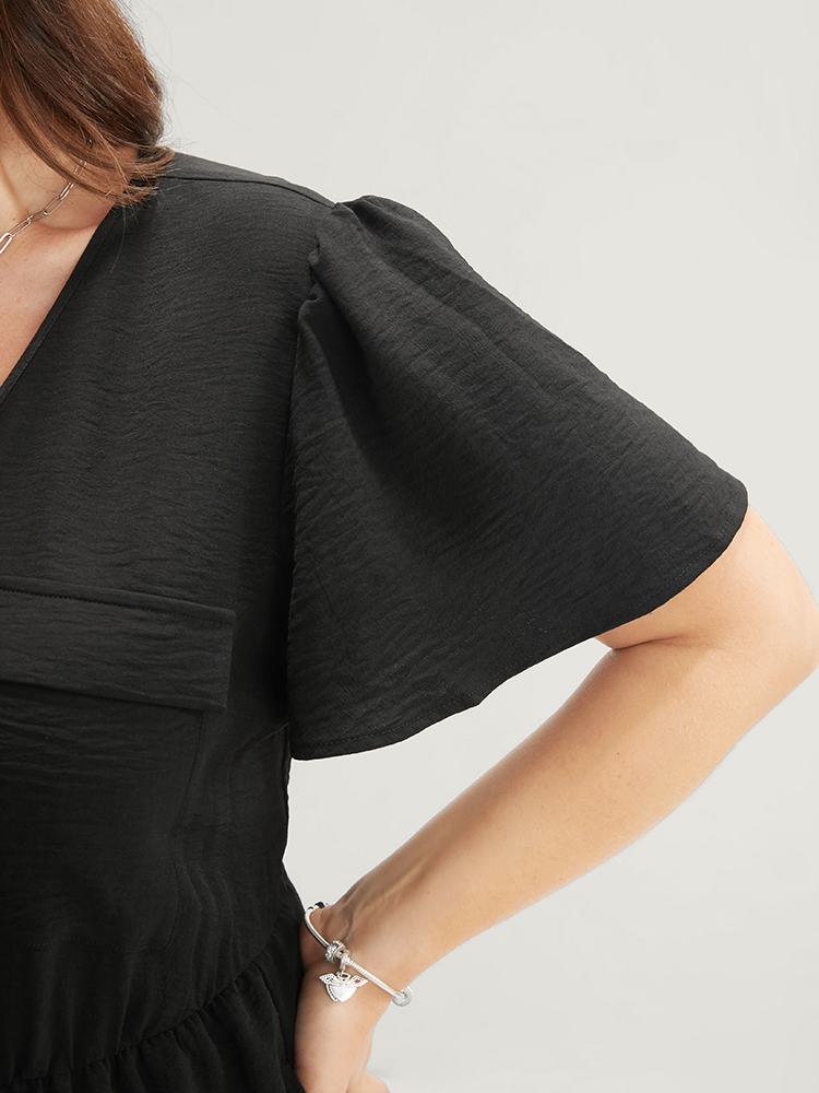 Plus Size Black Solid Zip Up Pocket Ruffle Sleeve Jumpsuit Women Office Short sleeve V-neck Work Loose Jumpsuits BloomChic 10/M 