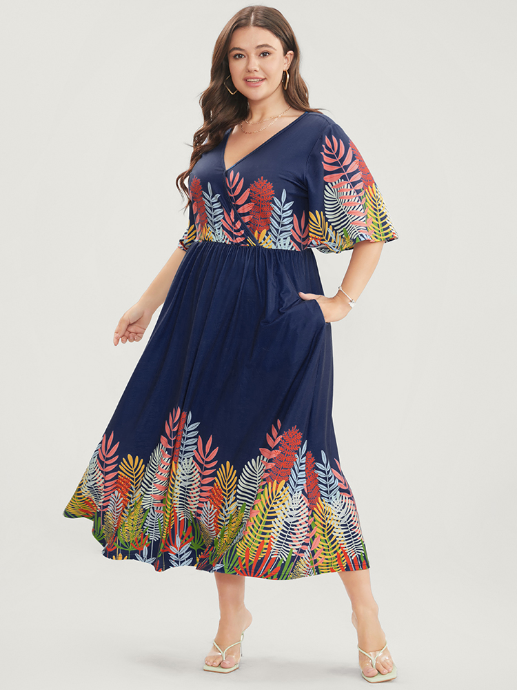 Plus Size Plant Print Surplice Neck Pocket Ruffles Midi Dress Indigo Women Vacation Elastic Waist V-neck Half Sleeve Curvy Long Dress BloomChic 22-24/3X 