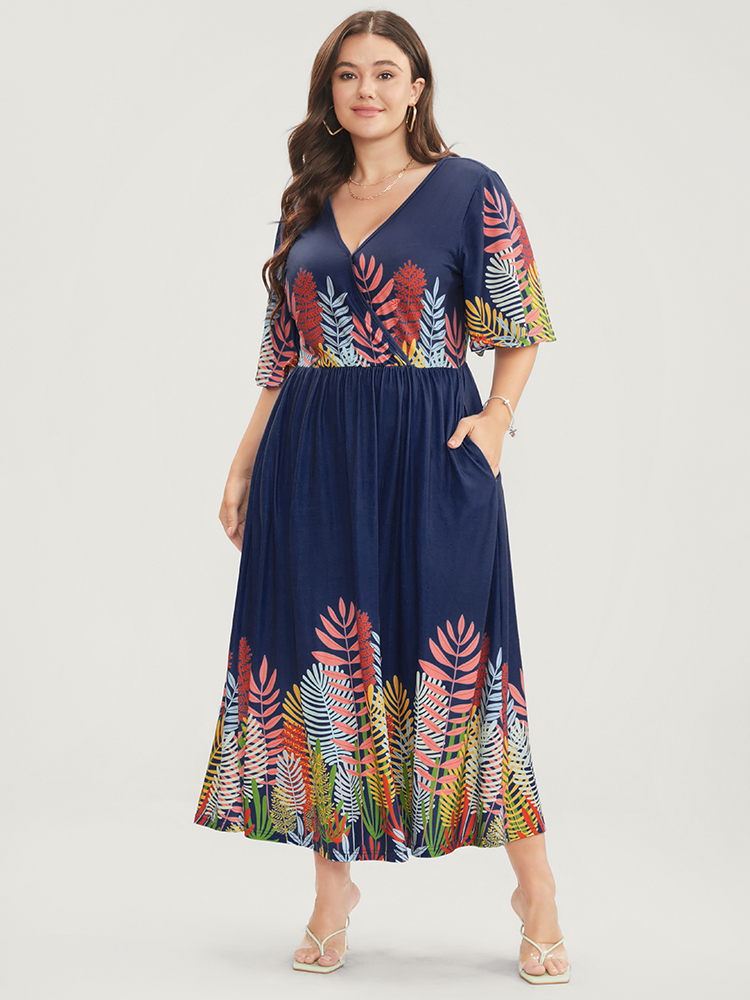 Plus Size Plant Print Surplice Neck Pocket Ruffles Midi Dress Indigo Women Vacation Elastic Waist V-neck Half Sleeve Curvy Long Dress BloomChic 22-24/3X 