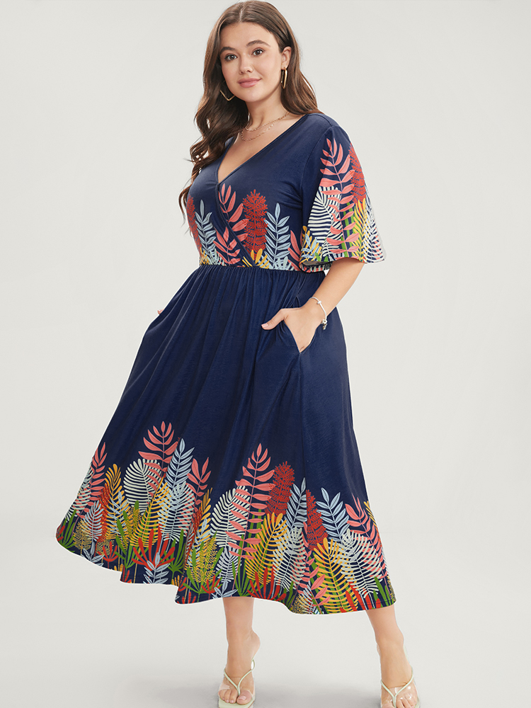 Plus Size Plant Print Surplice Neck Pocket Ruffles Midi Dress Indigo Women Vacation Elastic Waist V-neck Half Sleeve Curvy Long Dress BloomChic 22-24/3X 