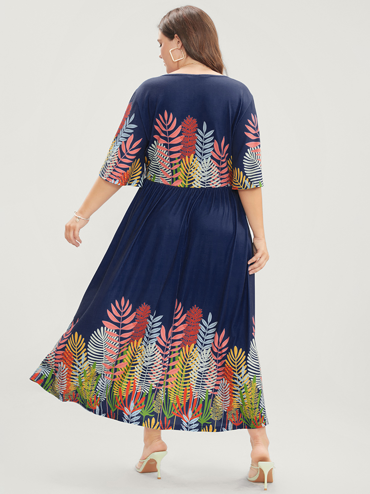 

Plus Size Plant Print Surplice Neck Pocket Ruffles Midi Dress Indigo Women Vacation Elastic Waist V-neck Half Sleeve Curvy Long Dress BloomChic