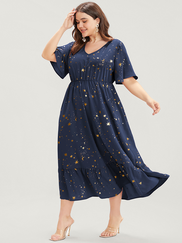 

Plus Size Moon And Star Pocket V Neck Flutter Hem Dress Navy Women Glamour Pocket V-neck Short sleeve Curvy Midi Dress BloomChic