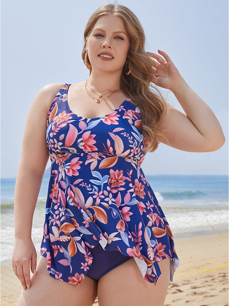 Floral Print A Line Hanky Hem Tankini Top BloomChic 