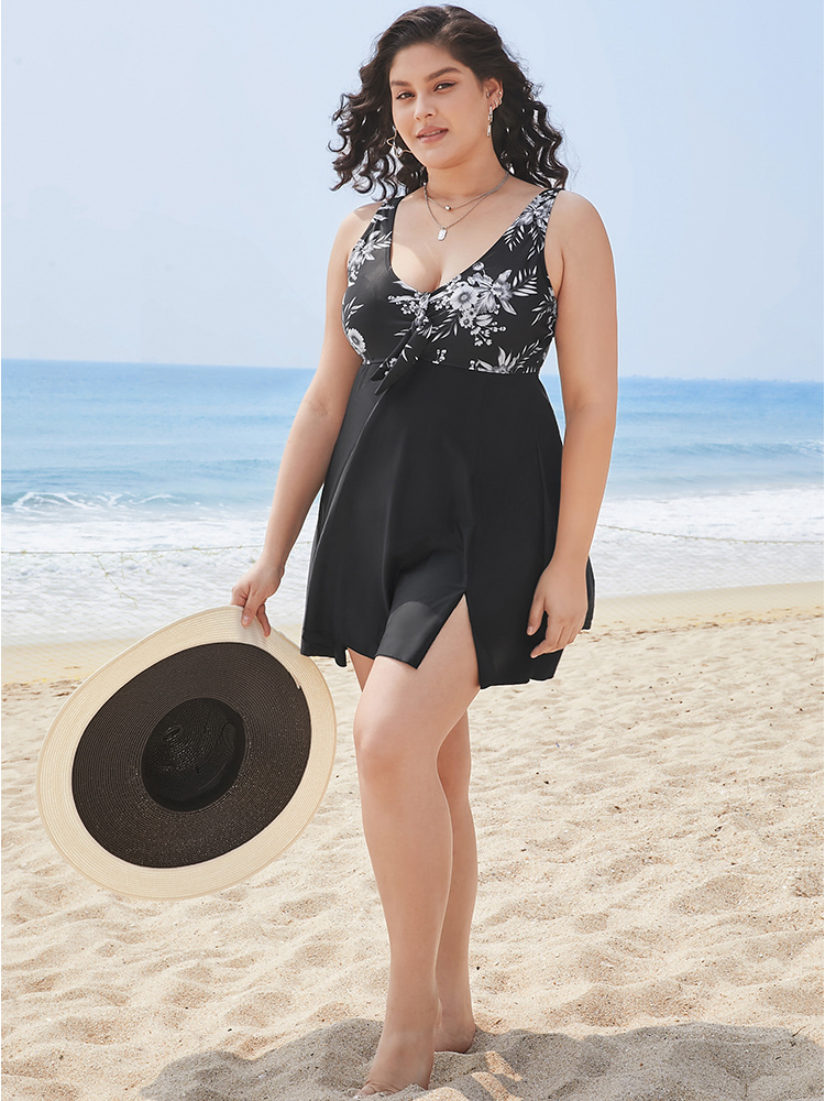 Floral Patchwork Knotted Front Split Swim Dress BloomChic 