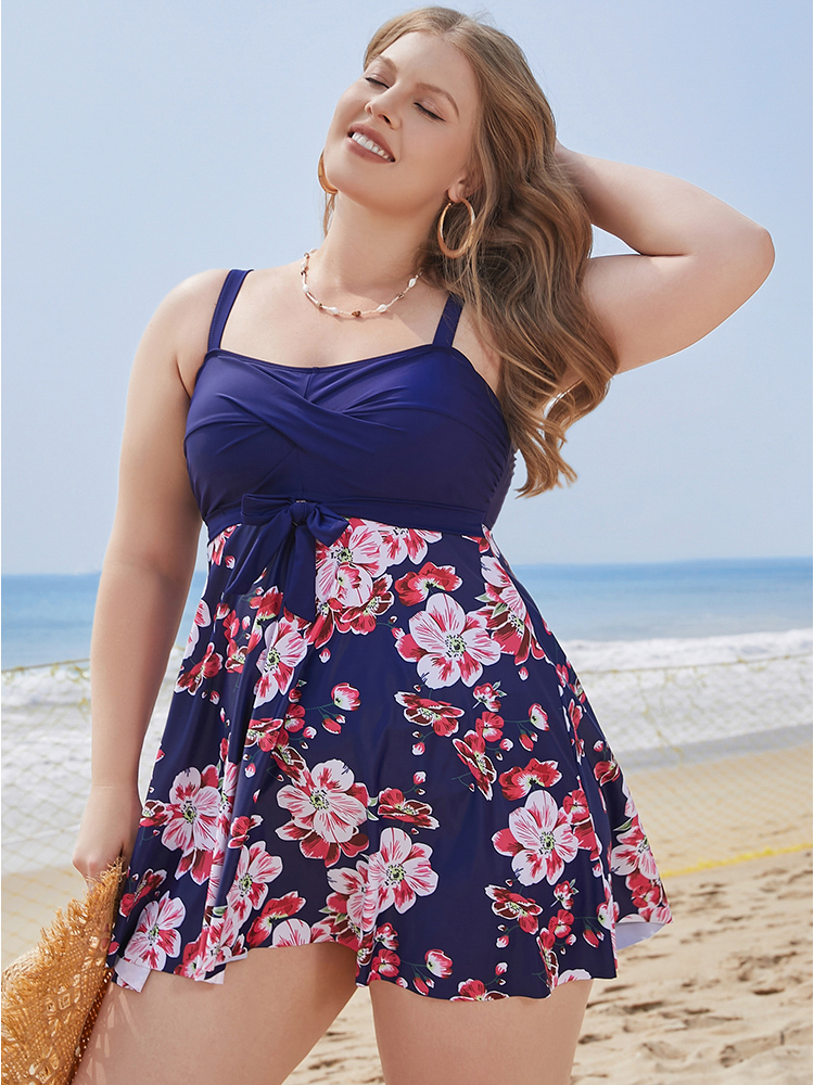 Floral Print Knotted Twist Front  A Line Swim Dress BloomChic 