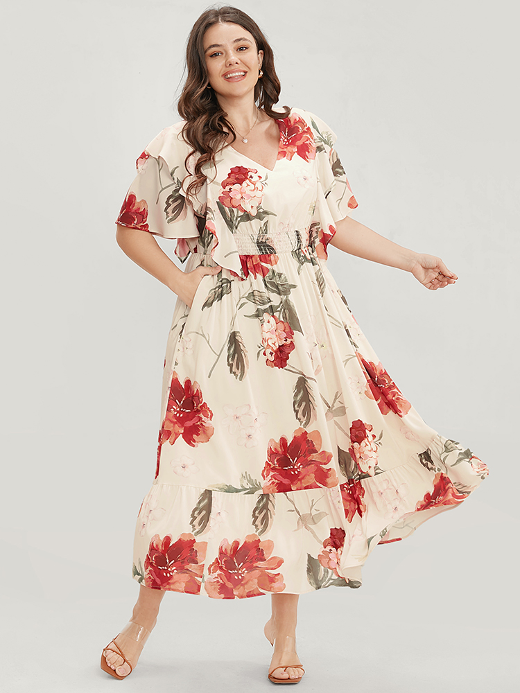 

Floral Wrap Plus Size Women Vacation Midi Dress Dailywear Pocket Ruffle Sleeve Short Sleeve V Neck Pocket Elegance Dresses BloomChic, Apricot