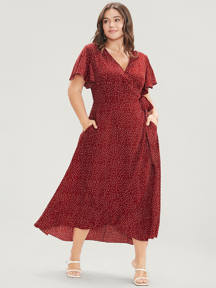 

Plus Size Polka Dot Ruffle Sleeve Pocket Knotted Side Surplice Neck Dress Raspberry Women Elegant Knotted V-neck Short sleeve Curvy Midi Dress BloomChic