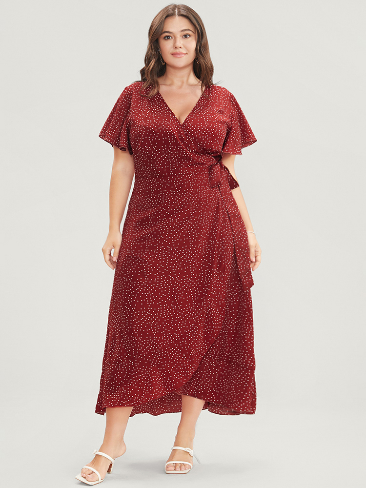 

Plus Size Polka Dot Ruffle Sleeve Pocket Knotted Side Surplice Neck Dress Raspberry Women Elegant Knotted V-neck Short sleeve Curvy Midi Dress BloomChic