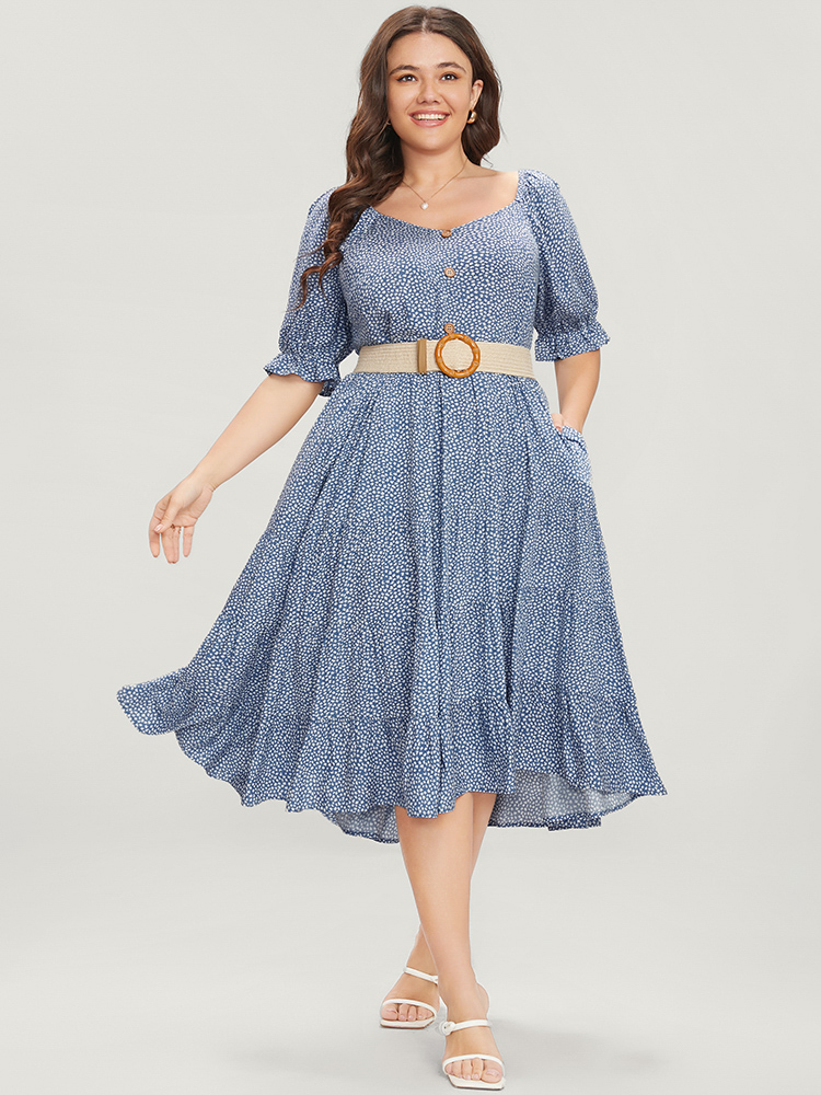 

Plus Size Geometric Button Detail Lantern Sleeve Ruffle Tiered Dress LightBlue Women Elegant Patchwork V-neck Half Sleeve Curvy Midi Dress BloomChic