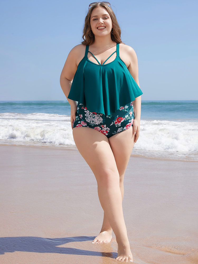 

Plus Size Floral Patchwork Asymmetrical Ruffles Sculpt Waist One Piece Swimsuit Women's Swimwear Cyan Vacation Adjustable Straps Curve Bathing Suits High stretch One Pieces BloomChic