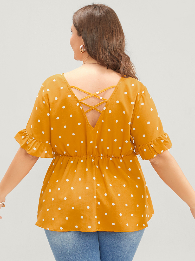 

Plus Size Orange Polka Dot Crisscross Back Ruffles Trim T-shirt Women Elegant Short sleeve Round Neck Dailywear Blouses BloomChic