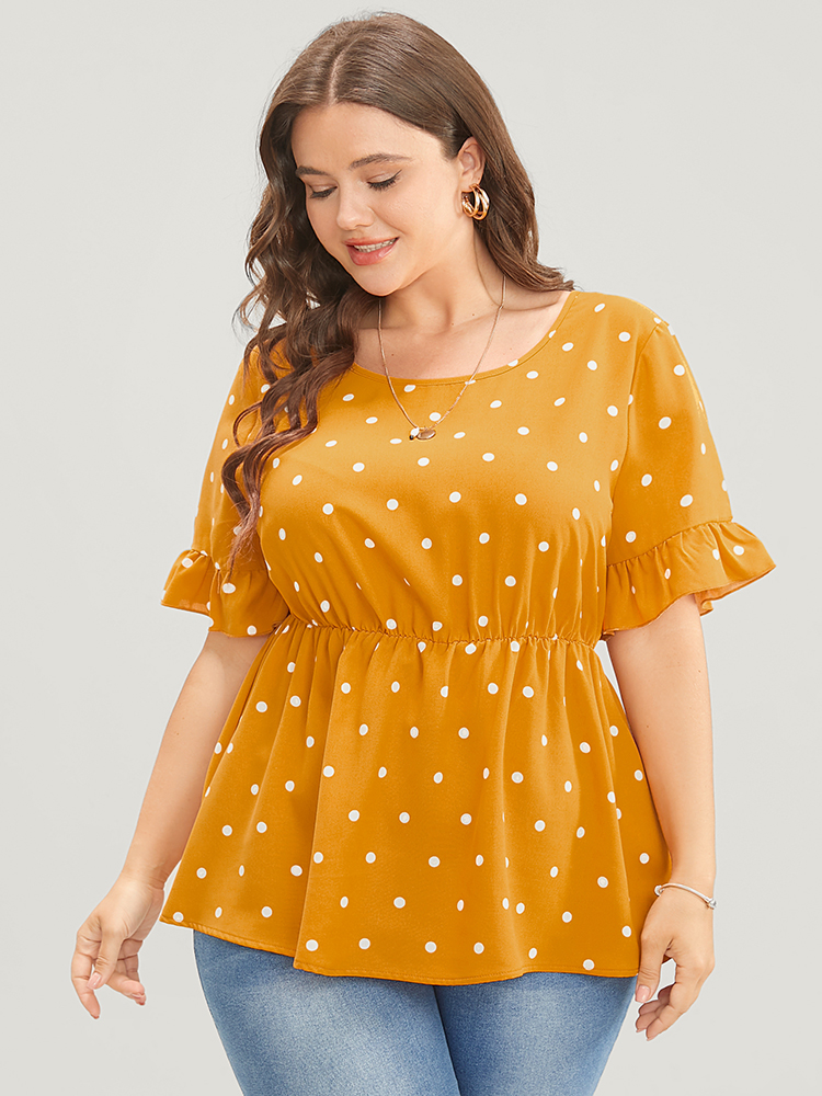 Plus Size Orange Polka Dot Crisscross Back Ruffles Trim T-shirt Women Elegant Short sleeve Round Neck Dailywear Blouses BloomChic 18-20/2X 