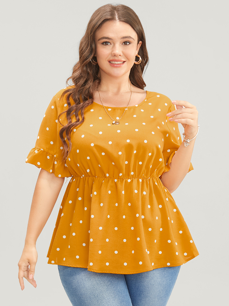 

Plus Size Orange Polka Dot Crisscross Back Ruffles Trim T-shirt Women Elegant Short sleeve Round Neck Dailywear Blouses BloomChic