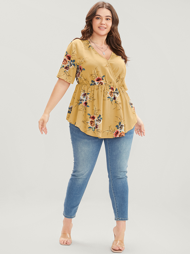 

Floral Wrap Smocked Plus Size Women Casual Blouses Dailywear Ruffle Sleeve Short Sleeve V Neck Elegance Blouses BloomChic, Yellow