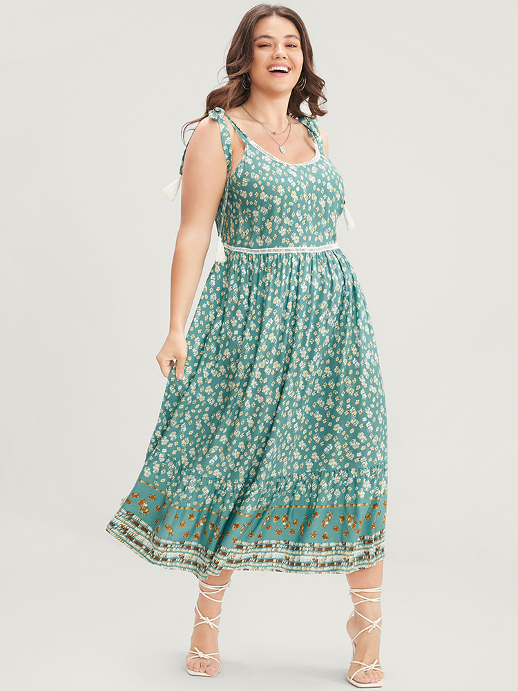 

Plus Size Floral Print Tassels Ruffles Pocket Knotted Cami Dress Mint Women Vacation Patchwork Spaghetti Strap Sleeveless Curvy Midi Dress BloomChic