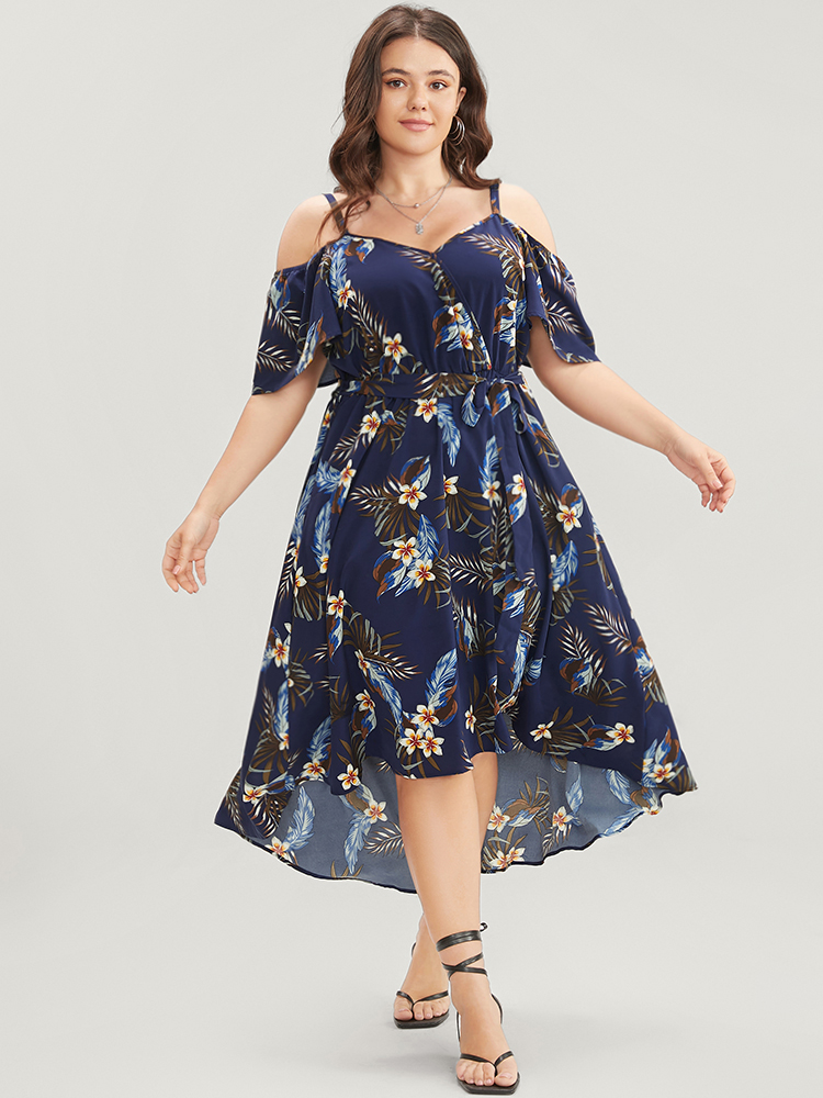 

Plus Size Floral Cold Shoulder Pocket Ruffle Belted High Low Hem Dress DarkBlue Women Vacation Adjustable Straps Cold Shoulder Short sleeve Curvy Midi Dress BloomChic