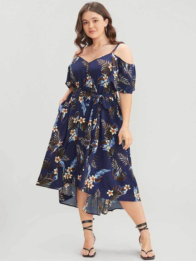 Plus Size Floral Cold Shoulder Pocket Ruffle Belted High Low Hem Dress DarkBlue Women Vacation Adjustable Straps Cold Shoulder Short sleeve Curvy Midi Dress BloomChic 10/M 