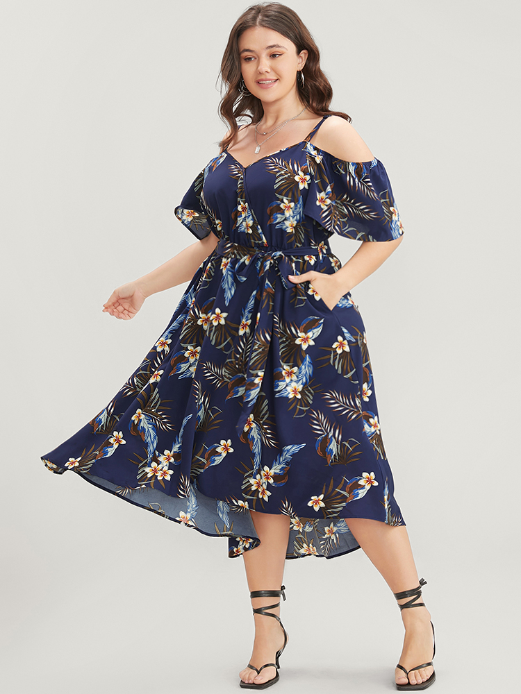 Plus Size Floral Cold Shoulder Pocket Ruffle Belted High Low Hem Dress DarkBlue Women Vacation Adjustable Straps Cold Shoulder Short sleeve Curvy Midi Dress BloomChic 10/M 