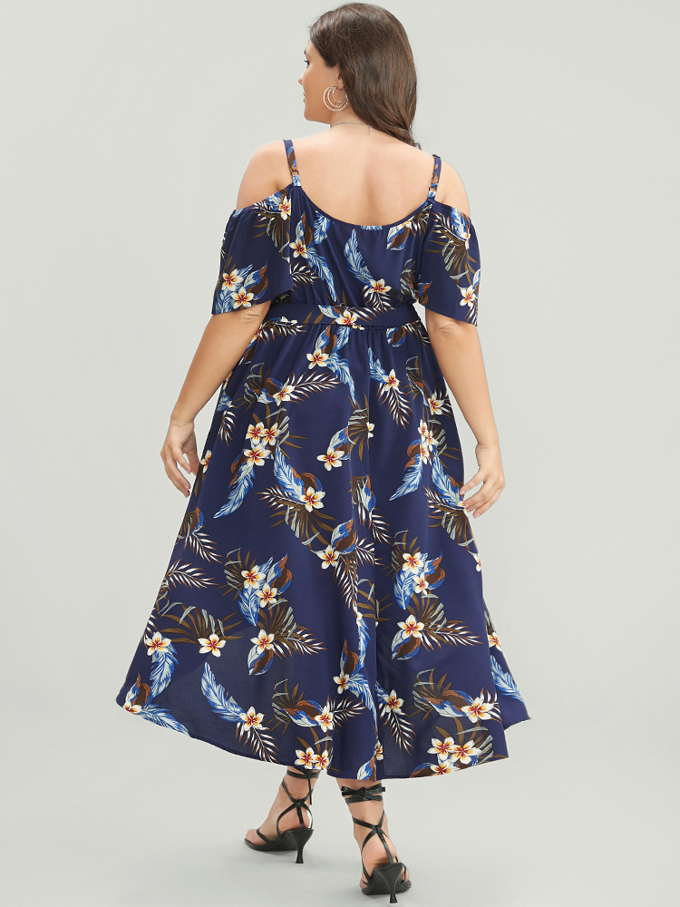 Plus Size Floral Cold Shoulder Pocket Ruffle Belted High Low Hem Dress DarkBlue Women Vacation Adjustable Straps Cold Shoulder Short sleeve Curvy Midi Dress BloomChic 10/M 