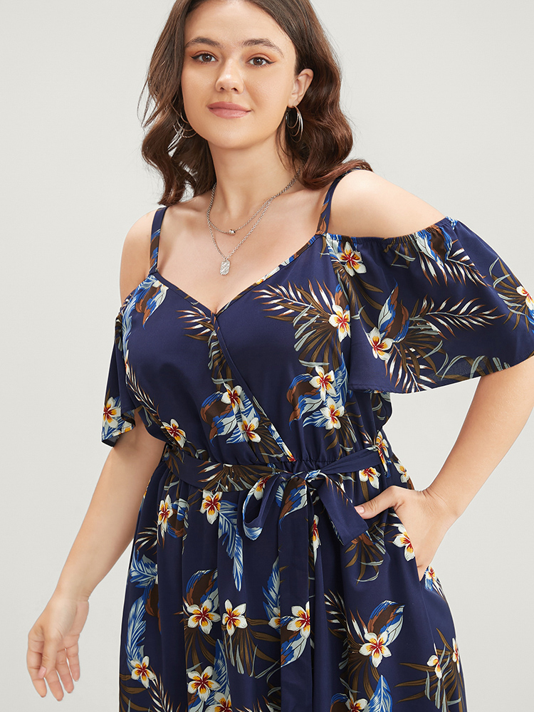 Plus Size Floral Cold Shoulder Pocket Ruffle Belted High Low Hem Dress DarkBlue Women Vacation Adjustable Straps Cold Shoulder Short sleeve Curvy Midi Dress BloomChic 10/M 