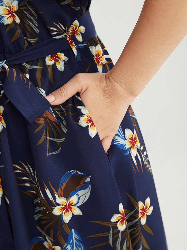 Plus Size Floral Cold Shoulder Pocket Ruffle Belted High Low Hem Dress DarkBlue Women Vacation Adjustable Straps Cold Shoulder Short sleeve Curvy Midi Dress BloomChic 10/M 