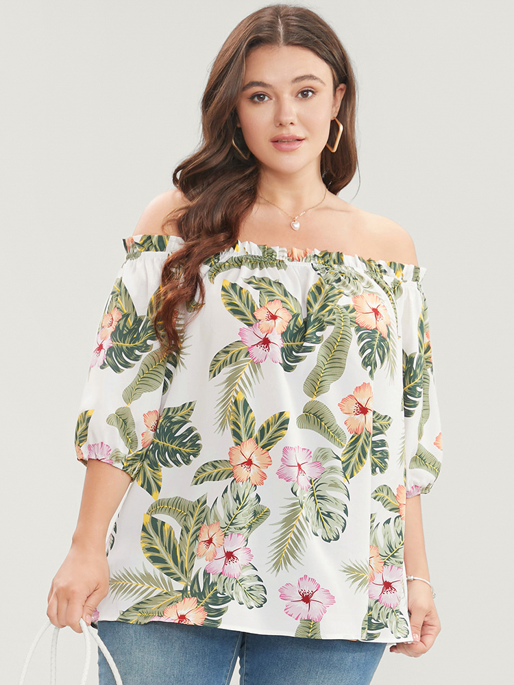 

Plus Size White Tropical Print Off Shoulder Lantern Sleeve Blouse Women Vacation Short sleeve One-shoulder neck Dailywear Blouses BloomChic