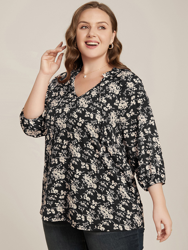 

Plus Size Black Floral Print Lantern Sleeve Tie V Neck Blouse Women Elegant Elbow-length sleeve V-neck Dailywear Blouses BloomChic