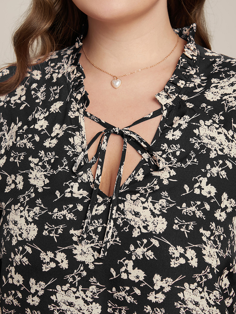Plus Size Black Floral Print Lantern Sleeve Tie V Neck Blouse Women Elegant Elbow-length sleeve V-neck Dailywear Blouses BloomChic 18-20/2X 