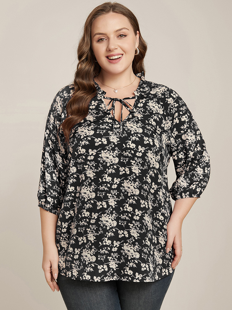 Plus Size Black Floral Print Lantern Sleeve Tie V Neck Blouse Women Elegant Elbow-length sleeve V-neck Dailywear Blouses BloomChic 18-20/2X 