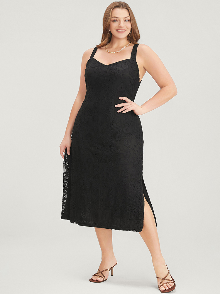 

Plus Size Solid Crochet Lace Split Hem Cami Dress Black Women Glamour Spaghetti Strap Sleeveless Curvy Midi Dress BloomChic